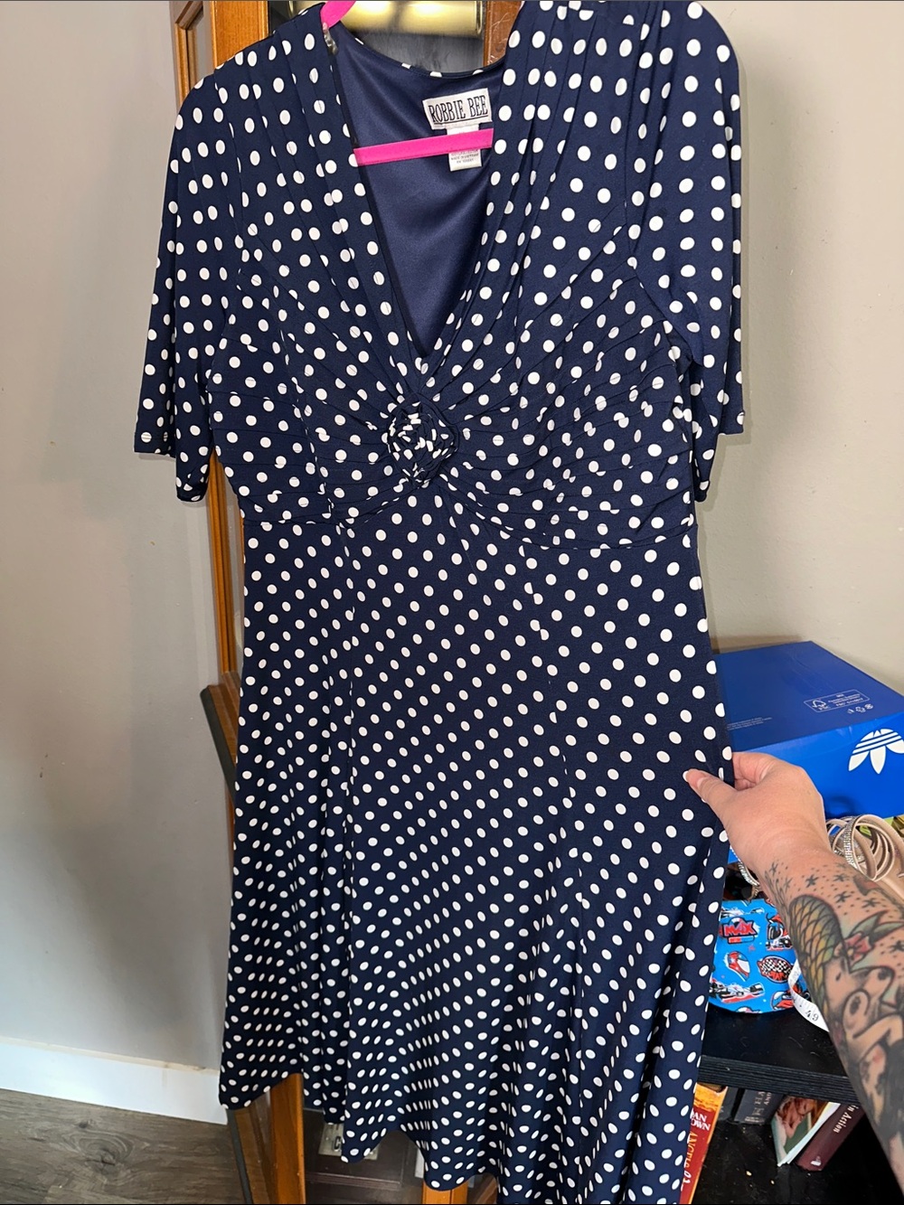 Robbie Bee Navy and White Polka Dot Midi Dress